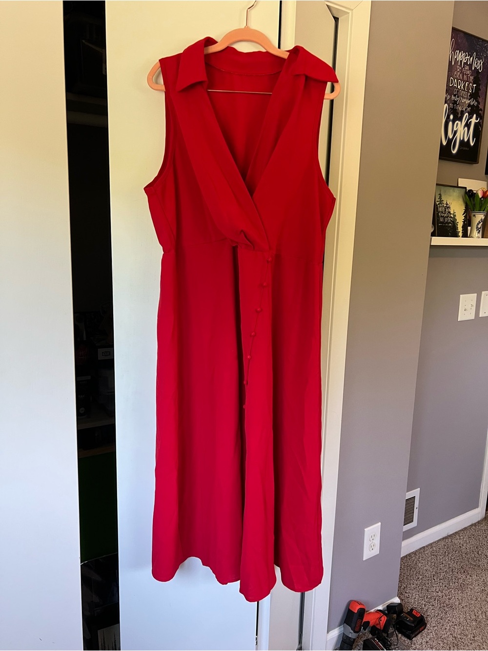 Shein Red Collared Midi Dress With Front Button Detail